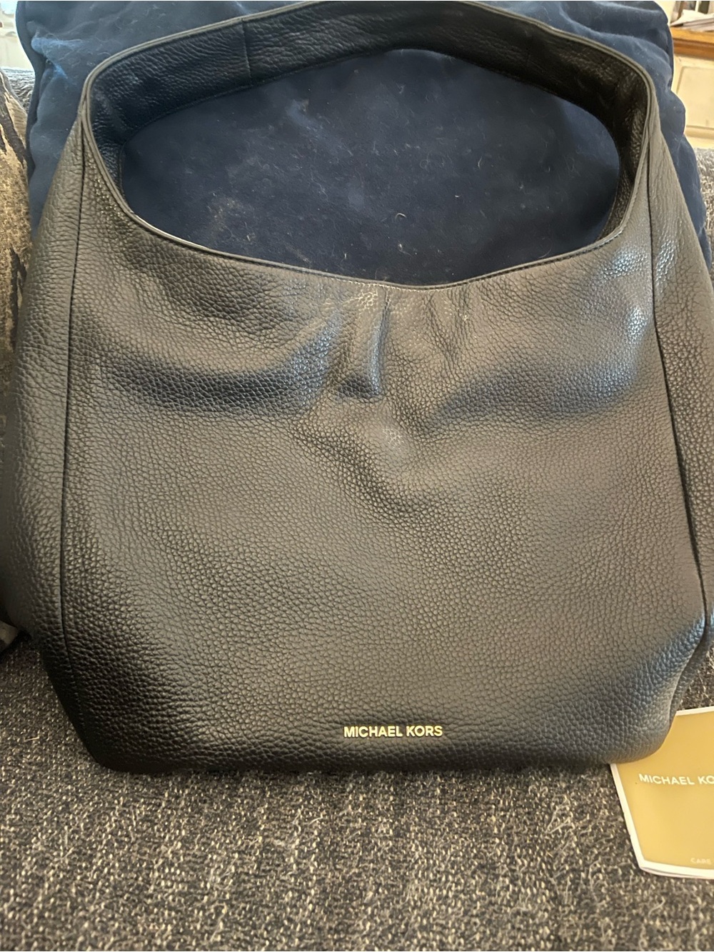 Michael Kors Black Pebbled Leather Hobo Shoulder Bag with Gold Logo